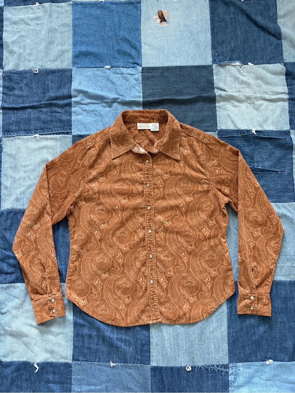 90s Boho Brown Paisley Corduroy Western Button Pearl Snap St. John’s Bay Shirt M